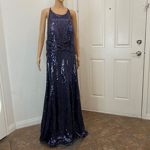 Purple Shimmering Sequin Dress Scoop Neck Sleeveless Adjustable Tie Backless - Picture 1 of 11